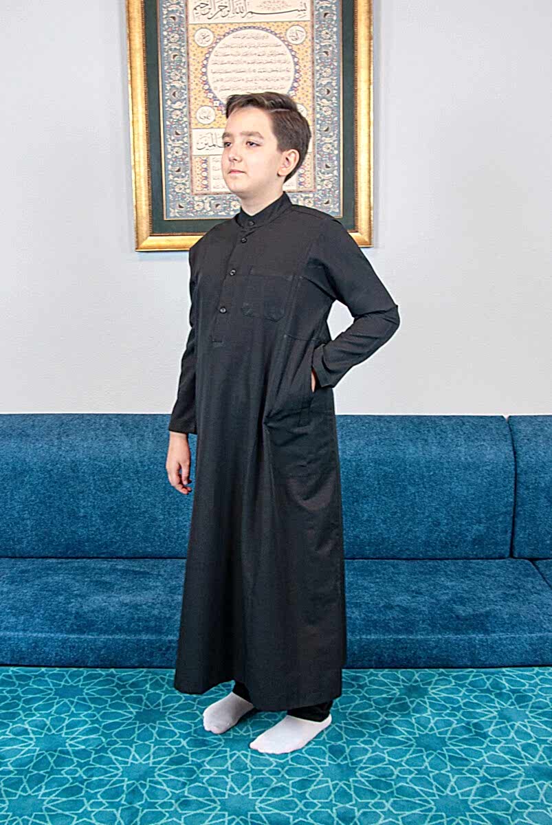 Erkek Çocuk Hac Umre Hakim Yaka Fistan Pantolon Takım - Siyah - ihvanonline