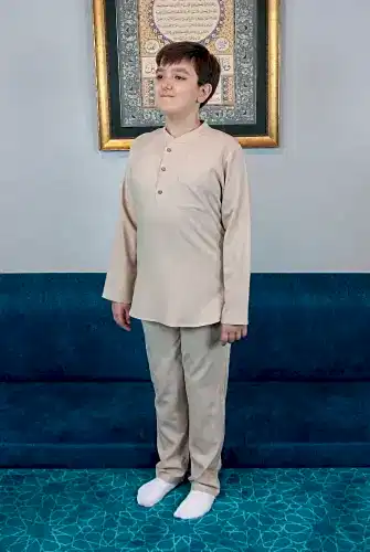 Erkek Çocuk Hac Umre Yarım Patlı Gömlek Pantolon Takım - Bej (Krk) - 1