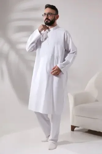 Erkek Hac ve Umre Kıyafeti İkili Alt Üst Afgan Takım Beyaz - ihvanonline (1)