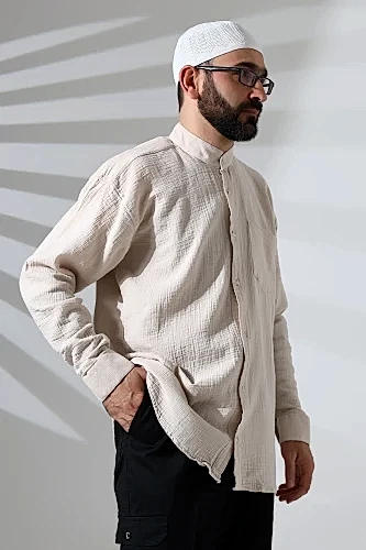 Erkek Hakim Yaka Uzun Kollu Düğmeli Müslin Gömlek Bej - ihvanonline (1)