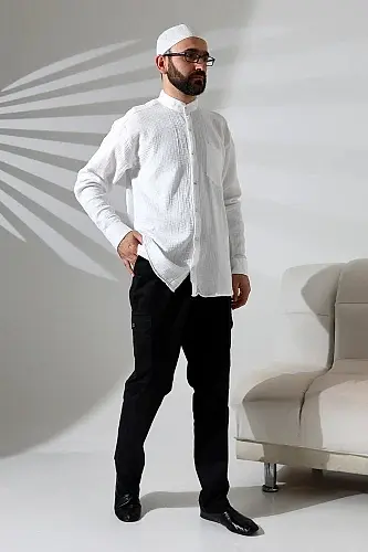 Erkek Hakim Yaka Uzun Kollu Düğmeli Müslin Gömlek Beyaz - ihvanonline (1)