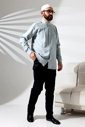 Erkek Hakim Yaka Uzun Kollu Düğmeli Müslin Gömlek Mavi - ihvanonline (1)