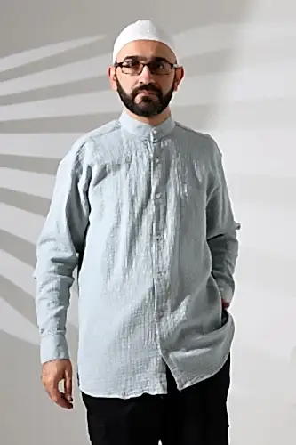 Erkek Hakim Yaka Uzun Kollu Düğmeli Müslin Gömlek Mavi 