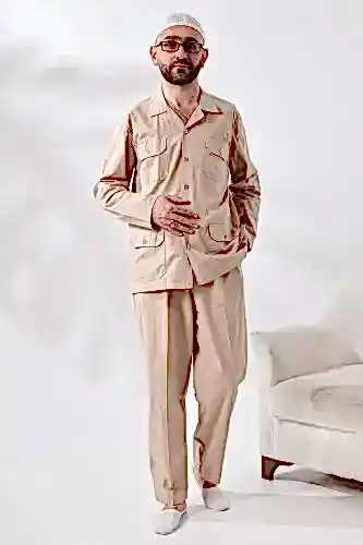 Erkek Keten 4 Cepli İkili Safari Takım Hac Umre Kıyafeti Bej 