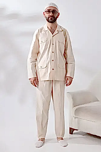 Erkek Keten 4 Cepli İkili Safari Takım Hac Umre Kıyafeti Krem - ihvanonline (1)