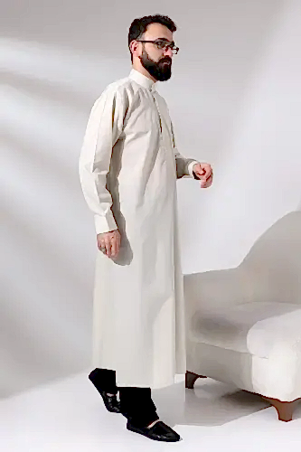 Erkek Krem Çınar Hac ve Umre Kıyafeti Boydan Uzun Dagron Kumaş Fistan - ihvanonline (1)