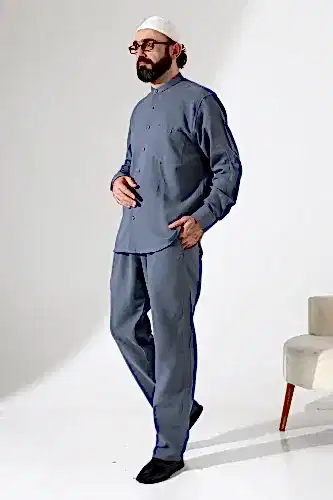 Erkek Müslin Hakim Yaka Cepli Gömlek Pantolon İkili Takım, Hac Umre Kıyafeti - Füme (ANS) 