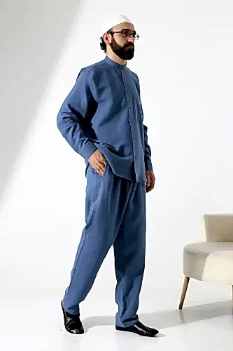 Erkek Müslin Hakim Yaka Cepli Gömlek Pantolon İkili Takım, Hac Umre Kıyafeti - Mavi (ANS) - 1