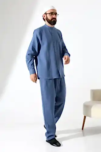 Erkek Müslin Hakim Yaka Cepli Gömlek Pantolon İkili Takım, Hac Umre Kıyafeti - Mavi (ANS) - İhvan (1)