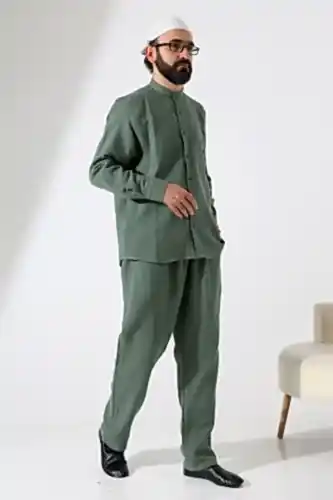 Erkek Müslin Hakim Yaka Cepli Gömlek Pantolon İkili Takım, Hac Umre Kıyafeti - Yeşil (ANS) 