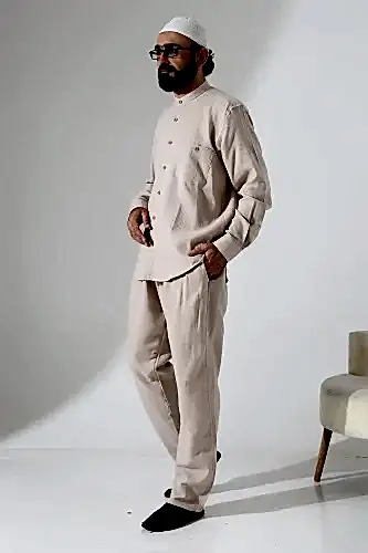 Erkek Müslin Hakim Yaka Cepli Gömlek Pantolon İkili Takım, Hac Umre Kıyafeti - Bej (ANS) 