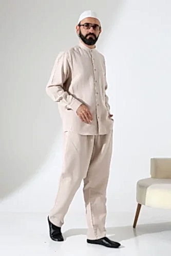 Erkek Müslin Hakim Yaka Cepli Gömlek Pantolon İkili Takım, Hac Umre Kıyafeti - Bej (ANS) - İhvan (1)