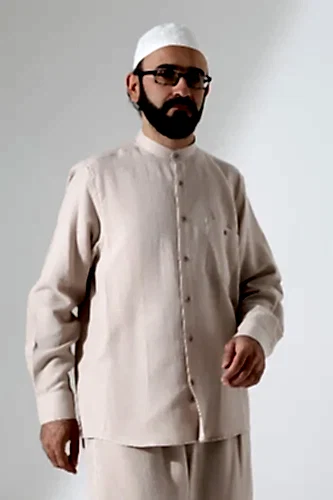 Erkek Müslin Hakim Yaka Uzun Kollu Düğmeli Gömlek, Hac Umre Kıyafeti - Bej (ANS) 