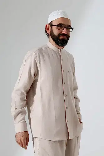 Erkek Müslin Hakim Yaka Uzun Kollu Düğmeli Gömlek, Hac Umre Kıyafeti - Bej (ANS) - 2