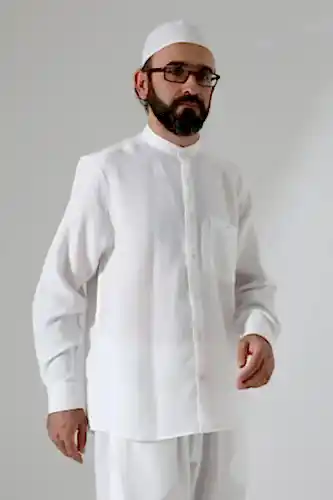 Erkek Müslin Hakim Yaka Uzun Kollu Düğmeli Gömlek, Hac Umre Kıyafeti - Beyaz (ANS) 