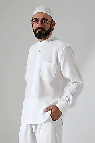 Erkek Müslin Hakim Yaka Uzun Kollu Düğmeli Gömlek, Hac Umre Kıyafeti - Beyaz (ANS) - İhvan (1)
