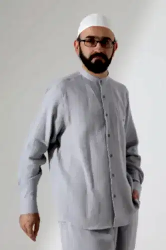 Erkek Müslin Hakim Yaka Uzun Kollu Düğmeli Gömlek, Hac Umre Kıyafeti - Gri (ANS) 