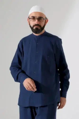 Erkek Müslin Hakim Yaka Uzun Kollu Düğmeli Gömlek, Hac Umre Kıyafeti - Lacivert (ANS) - 1