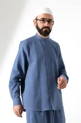 Erkek Müslin Hakim Yaka Uzun Kollu Düğmeli Gömlek, Hac Umre Kıyafeti - Mavi (ANS) 