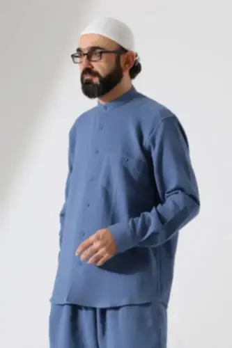 Erkek Müslin Hakim Yaka Uzun Kollu Düğmeli Gömlek, Hac Umre Kıyafeti - Mavi (ANS) - İhvan (1)