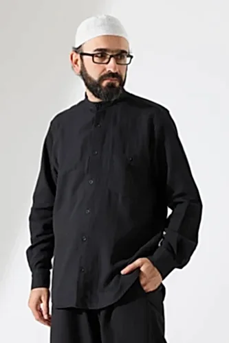 Erkek Müslin Hakim Yaka Uzun Kollu Düğmeli Gömlek, Hac Umre Kıyafeti - Siyah (ANS) 