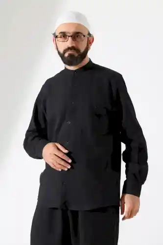 Erkek Müslin Hakim Yaka Uzun Kollu Düğmeli Gömlek, Hac Umre Kıyafeti - Siyah (ANS) - İhvan (1)