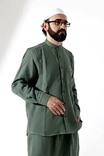Erkek Müslin Hakim Yaka Uzun Kollu Düğmeli Gömlek, Hac Umre Kıyafeti - Yeşil (ANS) 