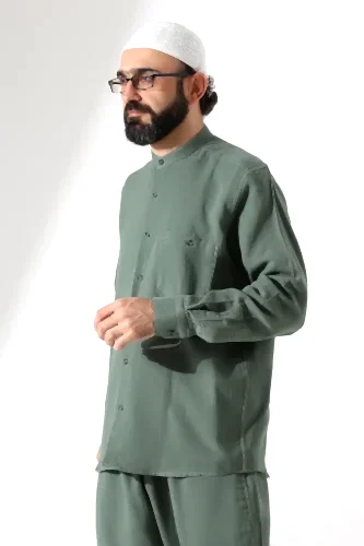 Erkek Müslin Hakim Yaka Uzun Kollu Düğmeli Gömlek, Hac Umre Kıyafeti - Yeşil (ANS) - İhvan (1)