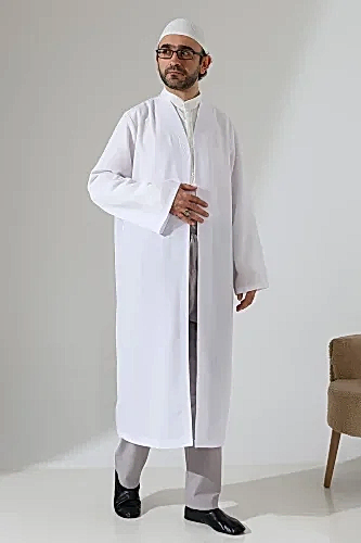 Erkek Namaz Elbisesi Buhara Yaka Cepli Namaz Cübbesi Beyaz - (Sfa) 