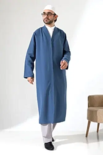 Erkek Namaz Elbisesi Buhara Yaka Cepli Namaz Cübbesi Mavi- (Sfa) - 1