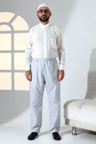 Erkek Rahat Kesim Beli Lastikli Cepli Hac ve Umre Keten Şalvar Pantolon - Açık Gri (KRK) - ihvanonline (1)