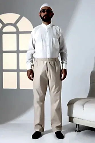 Erkek Rahat Kesim Beli Lastikli Cepli Hac ve Umre Keten Şalvar Pantolon - Bej (KRK) - ihvanonline (1)