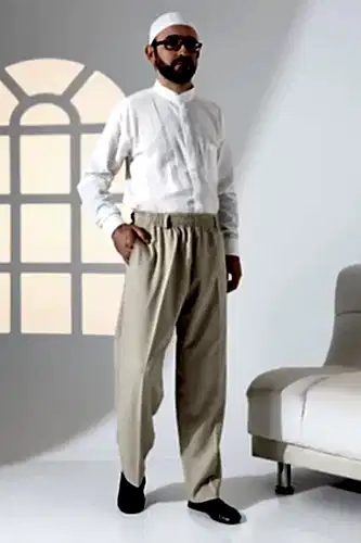 Erkek Rahat Kesim Beli Lastikli Cepli Hac ve Umre Kumaş Şalvar Pantolon - Krem Rengi (İSR) 