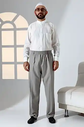 Erkek Rahat Kesim Beli Lastikli Cepli Hac ve Umre Kumaş Şalvar Pantolon - Toprak Rengi (İSR) - ihvanonline (1)