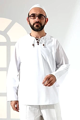 Erkek Sıfır Yaka Bağcıklı Uzun Kollu Keten Gömlek Beyaz - ihvanonline (1)