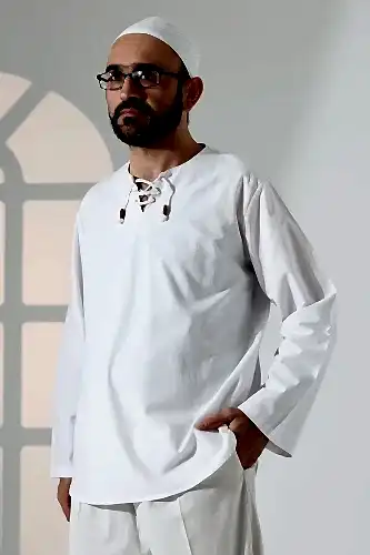 Erkek Sıfır Yaka Bağcıklı Uzun Kollu Keten Gömlek Beyaz 