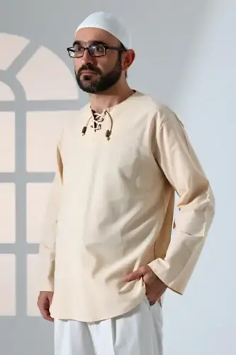 Erkek Sıfır Yaka Bağcıklı Uzun Kollu Keten Gömlek Krem - ihvanonline (1)