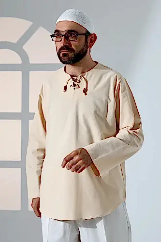 Erkek Sıfır Yaka Bağcıklı Uzun Kollu Keten Gömlek Krem - 1