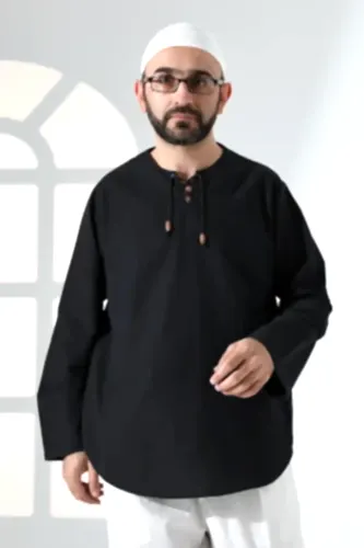 Erkek Sıfır Yaka Bağcıklı Uzun Kollu Keten Gömlek Siyah - ihvanonline (1)