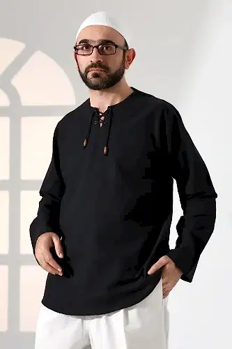 Erkek Sıfır Yaka Bağcıklı Uzun Kollu Keten Gömlek Siyah 