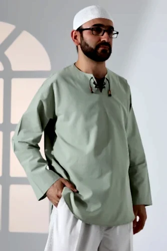 Erkek Sıfır Yaka Bağcıklı Uzun Kollu Keten Gömlek Yeşil - ihvanonline (1)