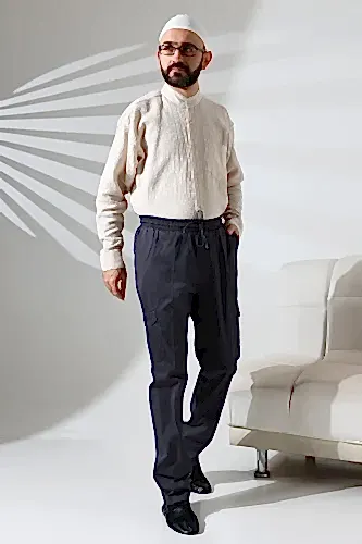 Erkek Çınar Yandan Cepli Beli Lastikli Hac ve Umre Kargo Pantolon Füme - ihvanonline (1)