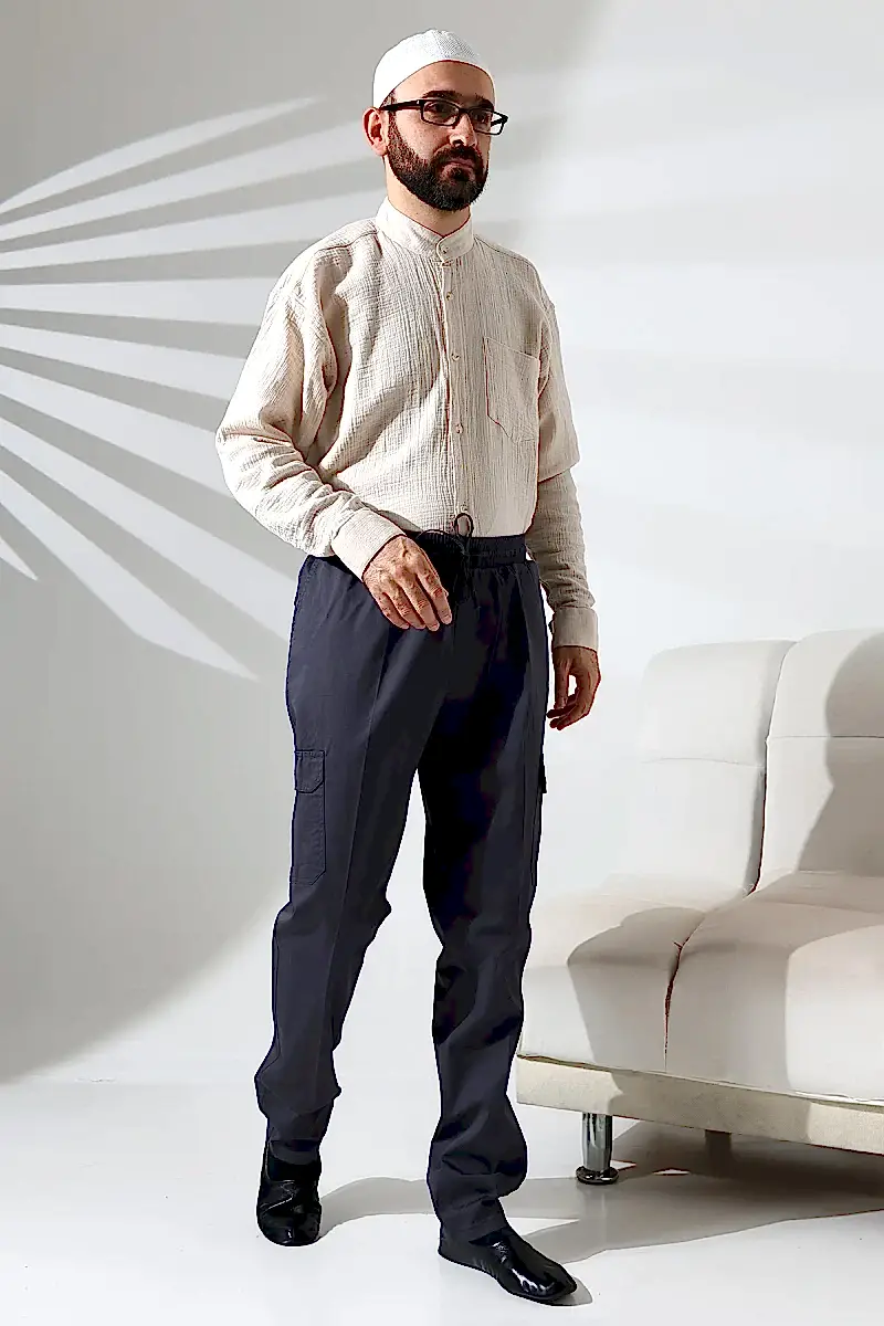 Erkek Çınar Yandan Cepli Beli Lastikli Hac ve Umre Kargo Pantolon Füme - 3