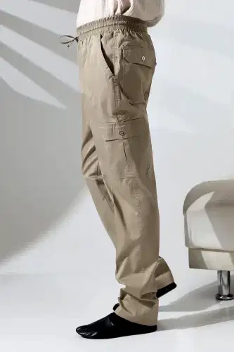 Erkek Çınar Yandan Cepli Beli Lastikli Hac ve Umre Kargo Pantolon Bej 