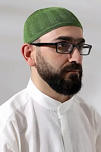 Fıstık Yeşili Safir Dantel Detaylı Örme Namaz Takkesi - ihvanonline (1)