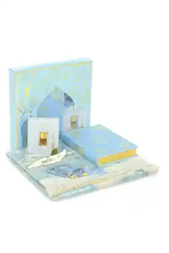 Fransızca Mealli Medine Hatlı Kuranı Kerim ve Seccade Seti Mavi 