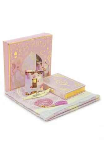 Fransızca Mealli Medine Hatlı Kuranı Kerim ve Seccade Seti Pembe 