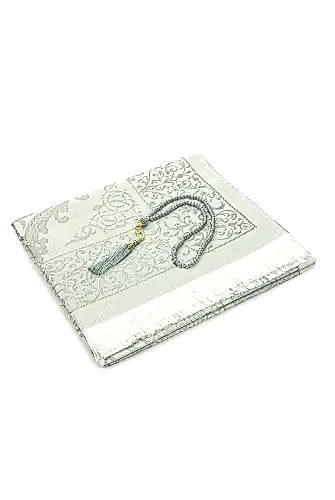 Gelin Damat Bohçasına Uygun Hediyelik Kutulu İnci Tesbihli Çeyizlik Seccade Seti Gri - ihvanonline (1)