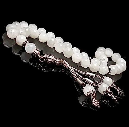 Gerçek Ay Taşı Tesbih-Küre Kesim Tesbih-Gümüş Malzemeli Tesbih-33'lük Tesbih-Orijinal Doğal Taş Tesbih - 1