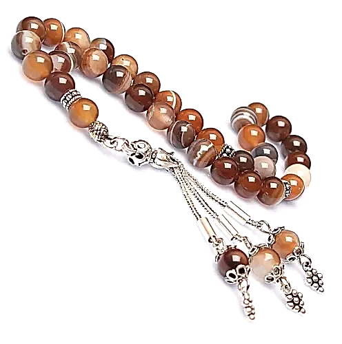 Gerçek Madagaskar Akik Taşı Tesbih-Damarlı Akik Tesbih-Gümüş Malzemeli Tesbih-33'lük Tesbih-Orijinal Doğal Taş Tesbih-Küre Kesim Tesbih - 1